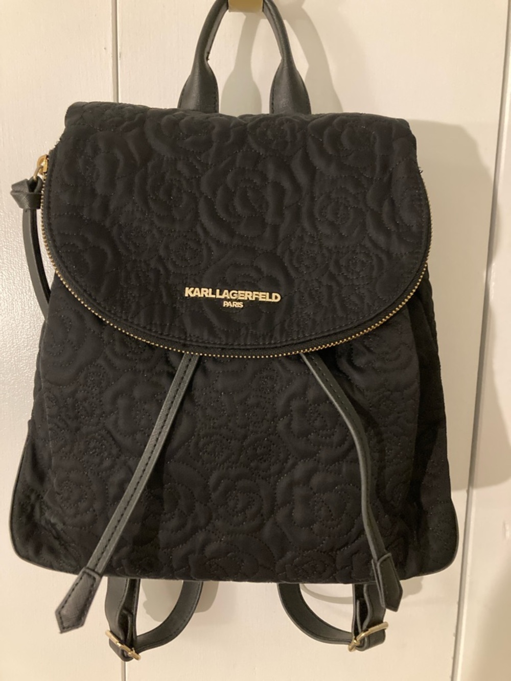 Karl Lagerfeld Black Quilted Floral-Embossed Backpack with Gold Hardware